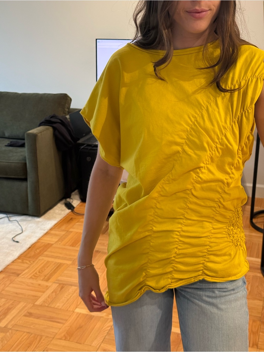 Zara Yellow Ruched Short-Sleeve Top